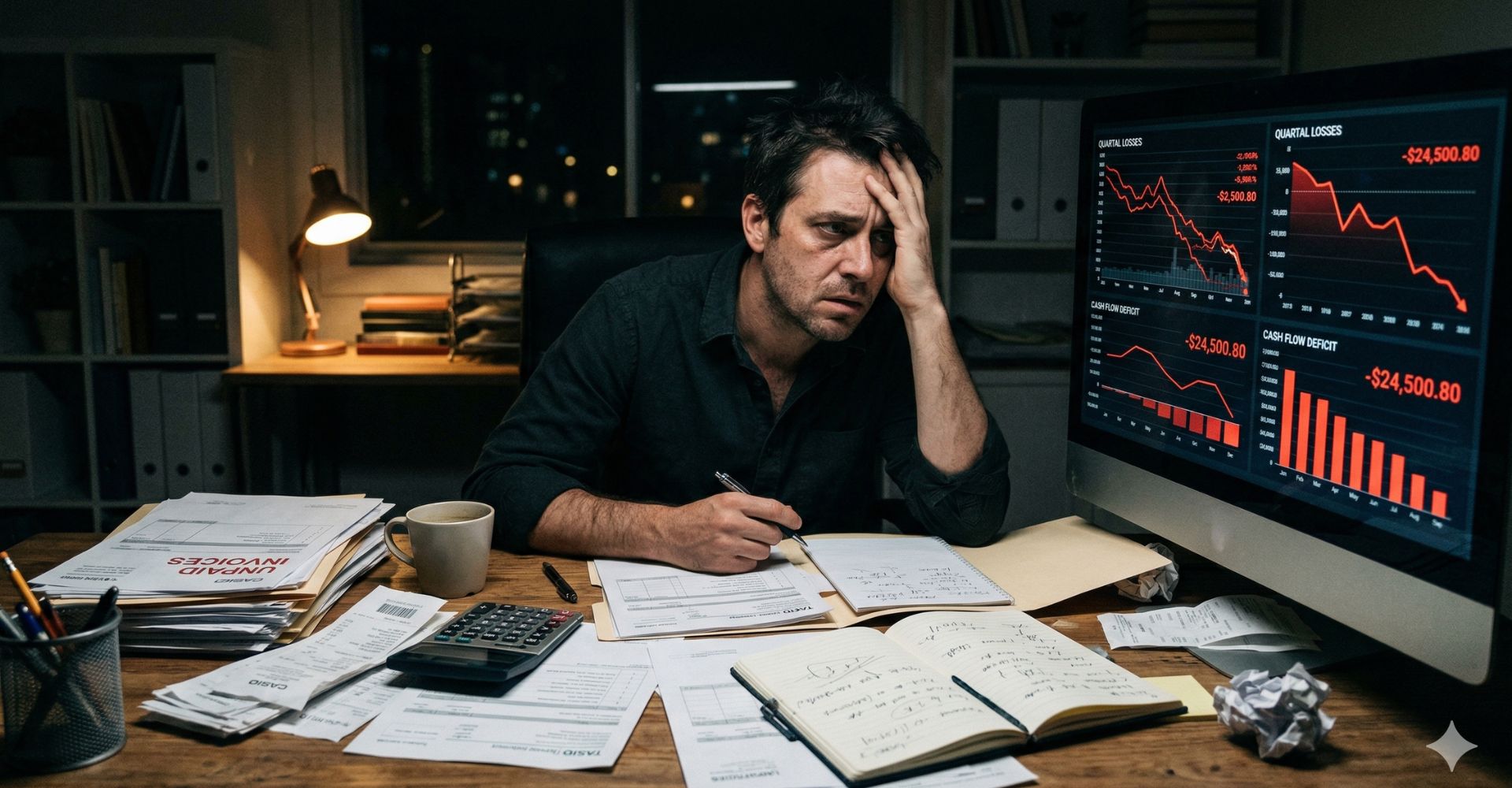 Por Que Seu Negócio Não Cresce? Os 10 Erros Financeiros Que Você Precisa Corrigir Agora 2 Empreendedor frustrado com gestão financeira desorganizada