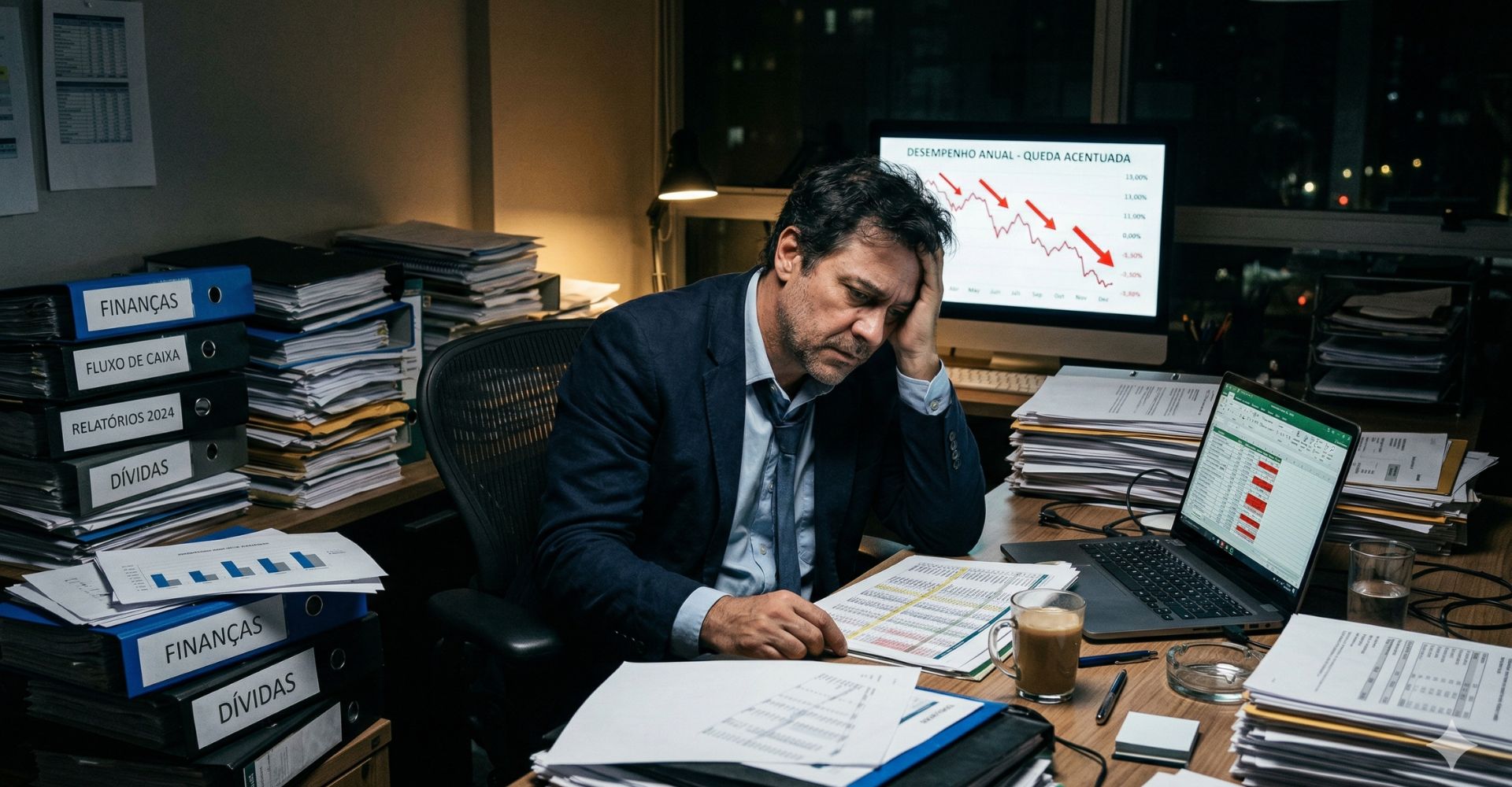 Não Deixe Acontecer: Os 4 Erros Financeiros Que Podem Acabar Com Sua Empresa 2 Empresário preocupado com fluxo de caixa e gestão financeira