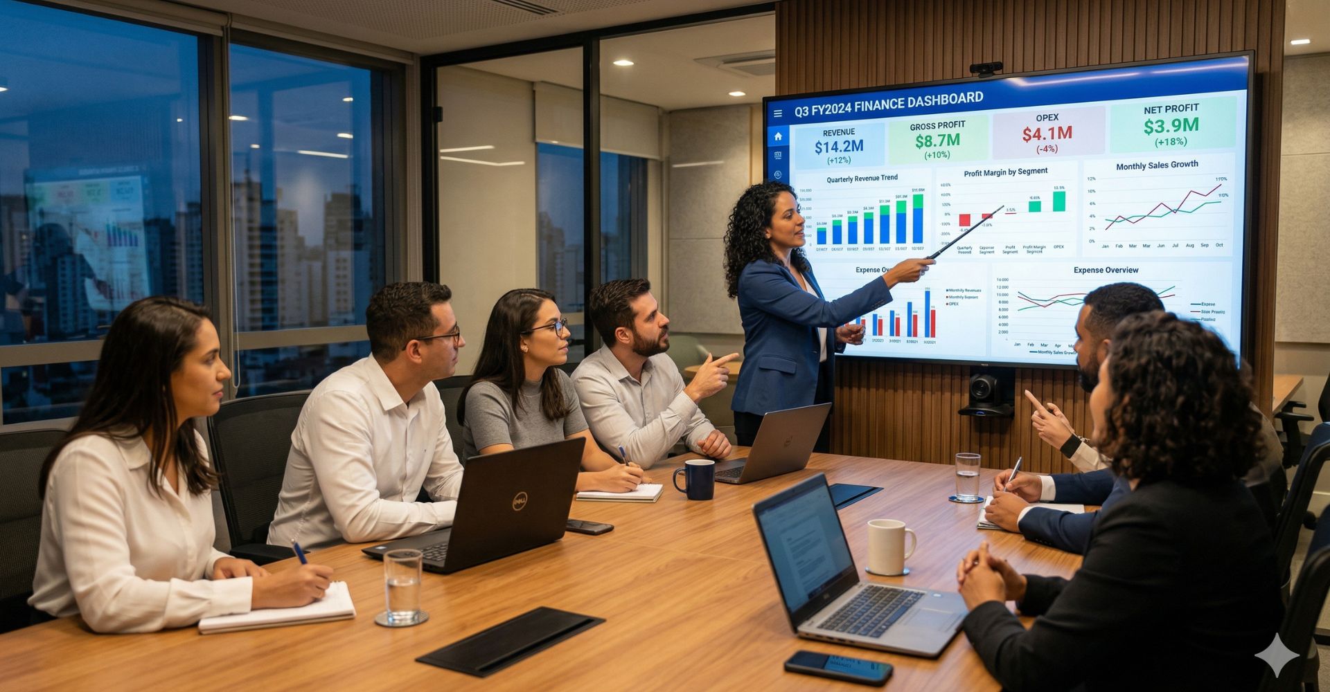 Por Que Seu Negócio Não Cresce? Os 10 Erros Financeiros Que Você Precisa Corrigir Agora 4 Equipe analisando indicadores financeiros em dashboard