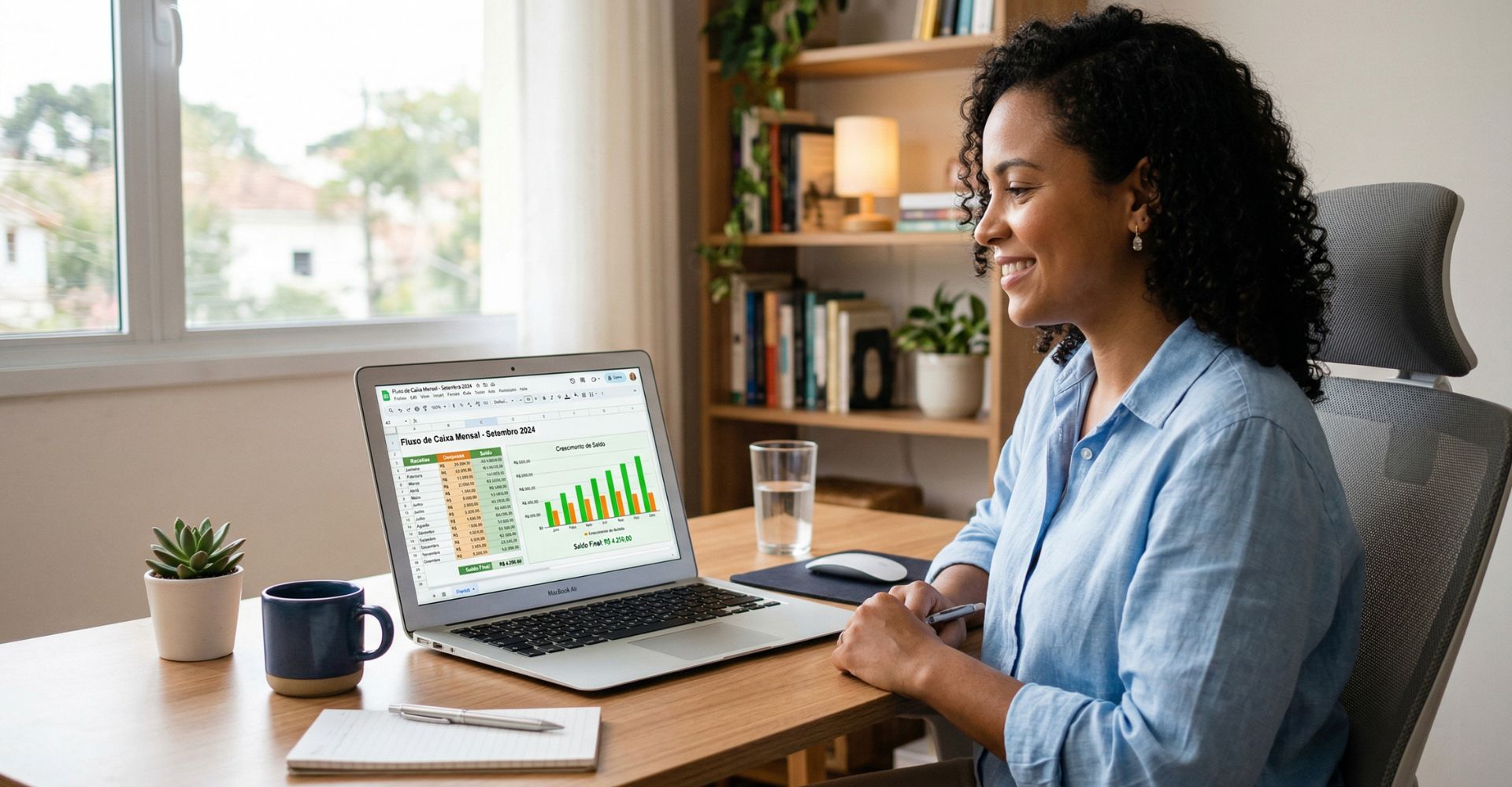 Descubra o Segredo para Organizar Suas Finanças com um Fluxo de Caixa Simples 2 Mulher aliviada com fluxo de caixa simples em tablet