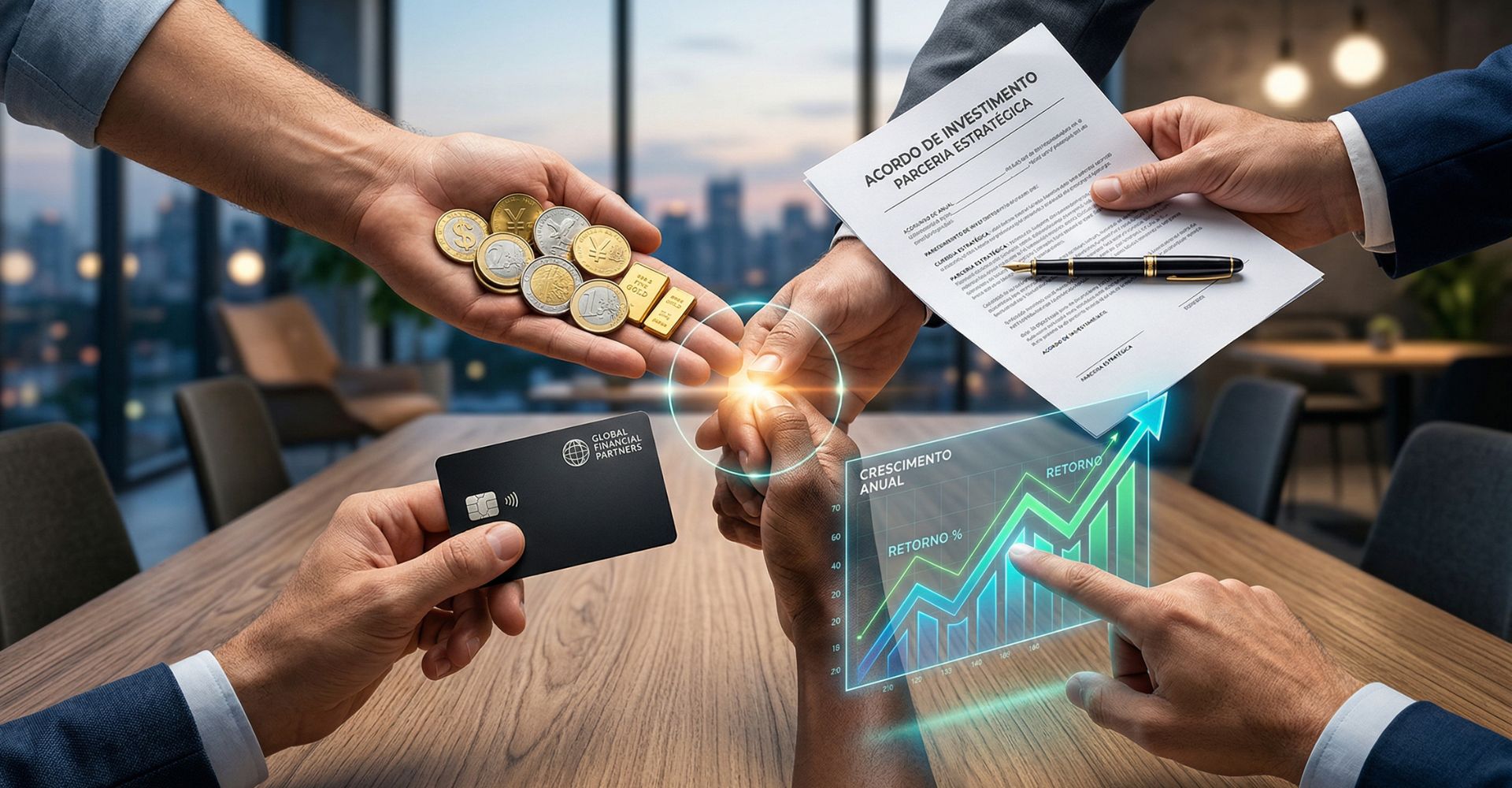 A verdade que ninguém te conta antes de investir no seu negócio. 3 Mãos representando diversas fontes de financiamento e capital para negócios