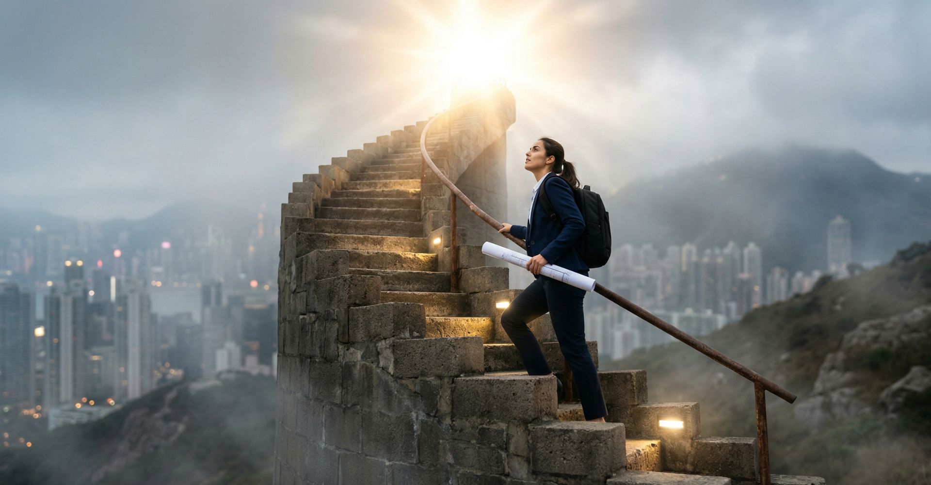 A verdade que ninguém te conta antes de investir no seu negócio. 4 Empreendedor subindo escadas íngremes em direção ao sucesso e inovação