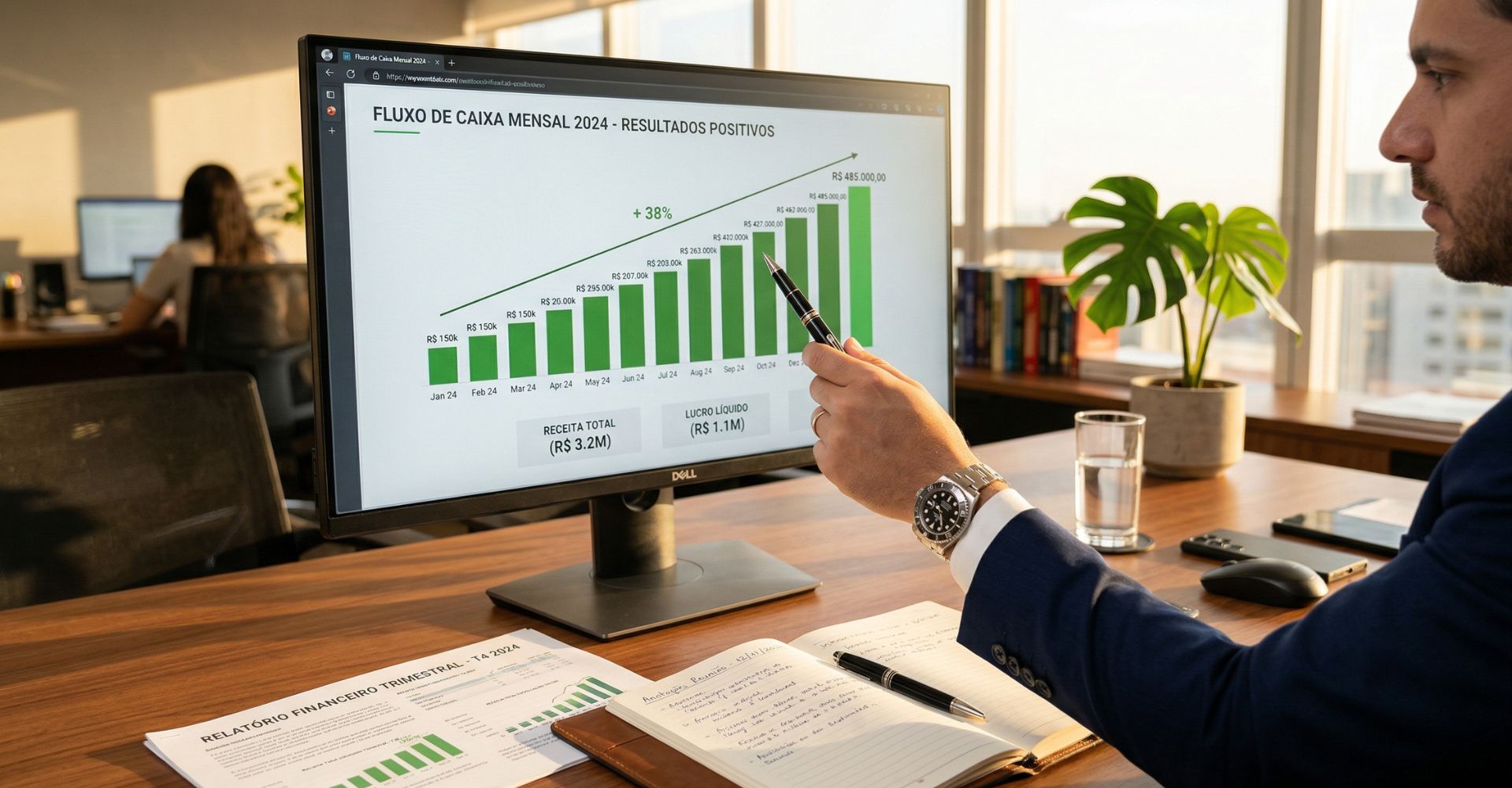 Descubra o Segredo para Organizar Suas Finanças com um Fluxo de Caixa Simples 4 Empresário analisando gráfico de fluxo de caixa positivo