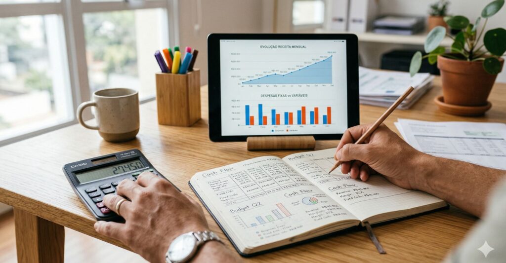 Empreendedor organizando finanças com calculadora, caderno e gráficos de desempenho.