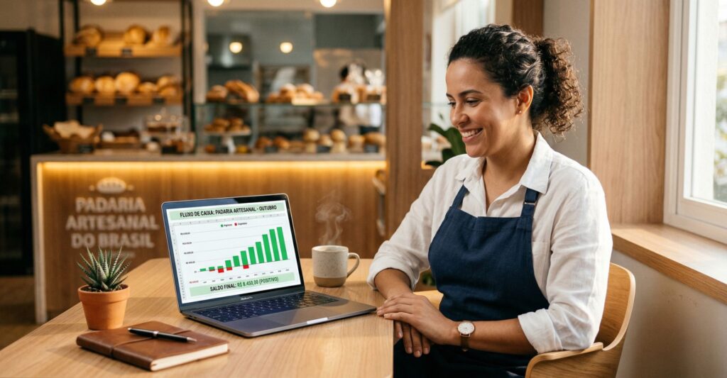 Fotografia de uma pessoa empreendedora sentada em uma mesa de madeira organizada, sorrindo com alívio enquanto olha para um gráfico verde crescente na tela de um laptop. Ao fundo, um ambiente de pequeno negócio levemente desfocado. Iluminação natural e acolhedora.