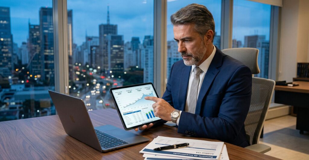 Empresário analisando gráficos financeiros e métricas em um tablet, sentado em um escritório moderno com vista para uma cidade, representando a tomada de decisão para investimento em negócios.