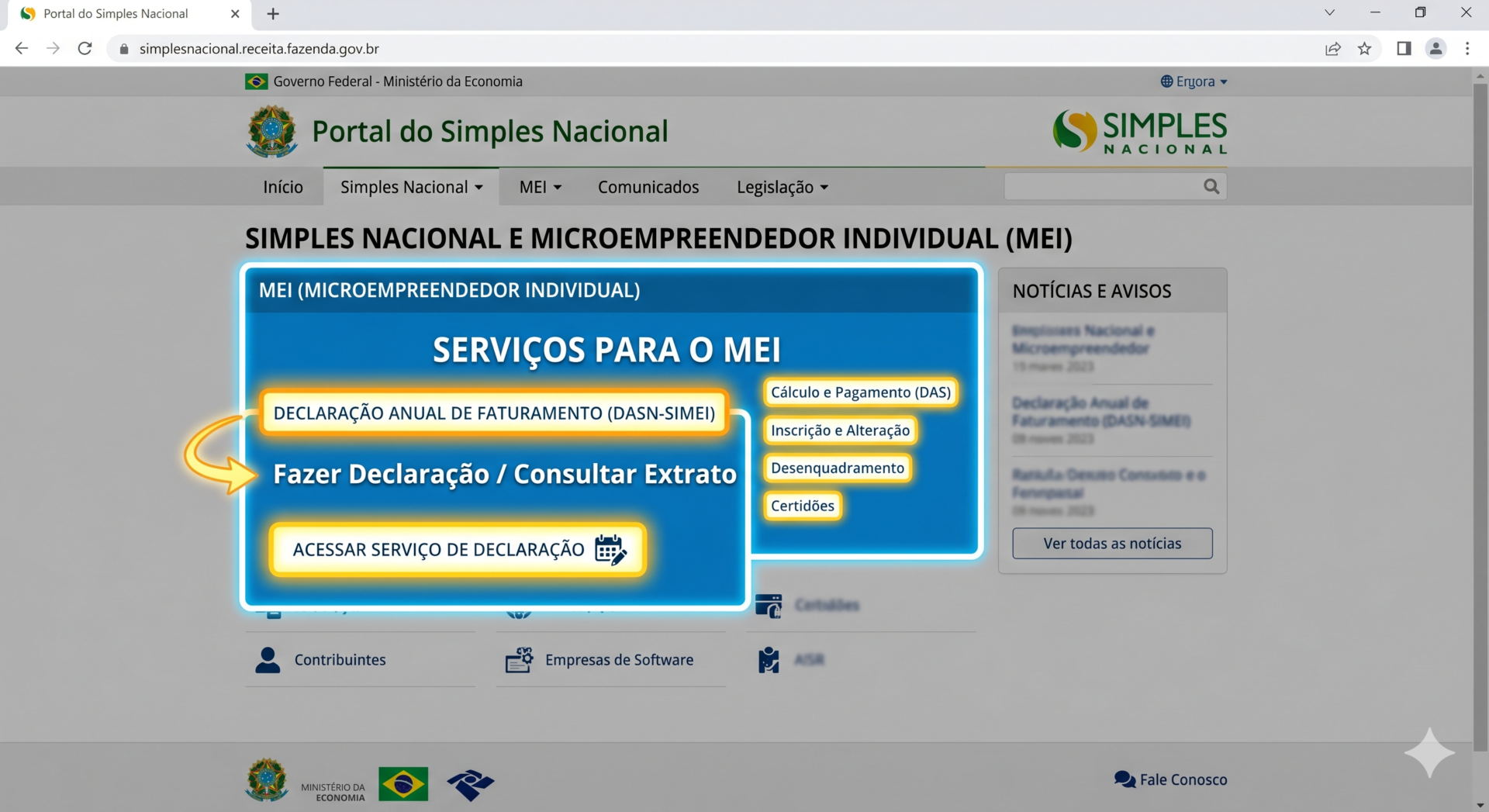 Erros que Você Não Pode Cometer na Declaração MEI de 2026 3 Captura de tela do portal do Simples Nacional com destaque para a seção de declaração MEI