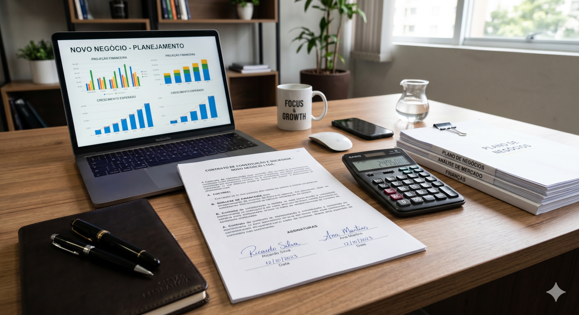 Quer Empreender Agora? As Tendências Para Começar Neste Mês! 2 Documentos de formalização de empresa, laptop com planilhas financeiras e contrato assinado, representando os passos essenciais para como empreender legalmente e organizar as finanças de um novo negócio