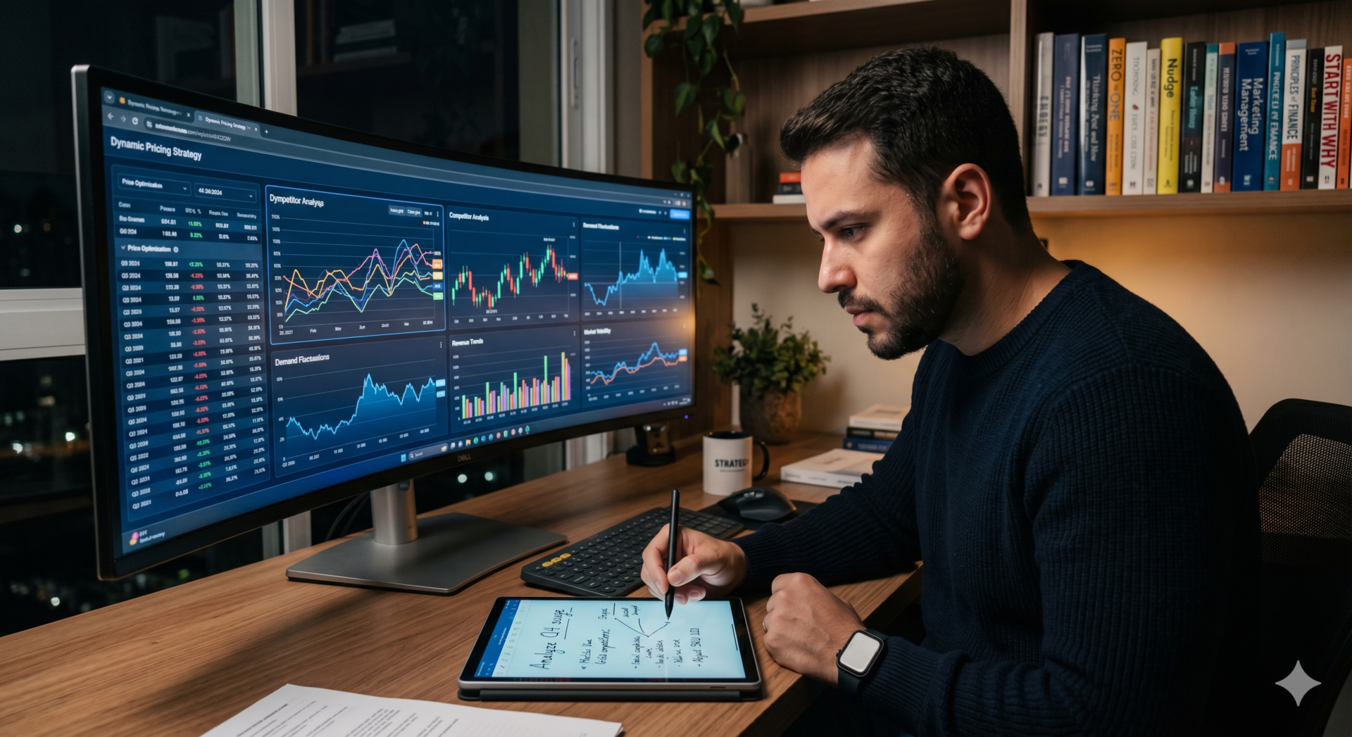 Empreendedor definindo estratégia de preço de venda com análise de mercado e dados financeiros.