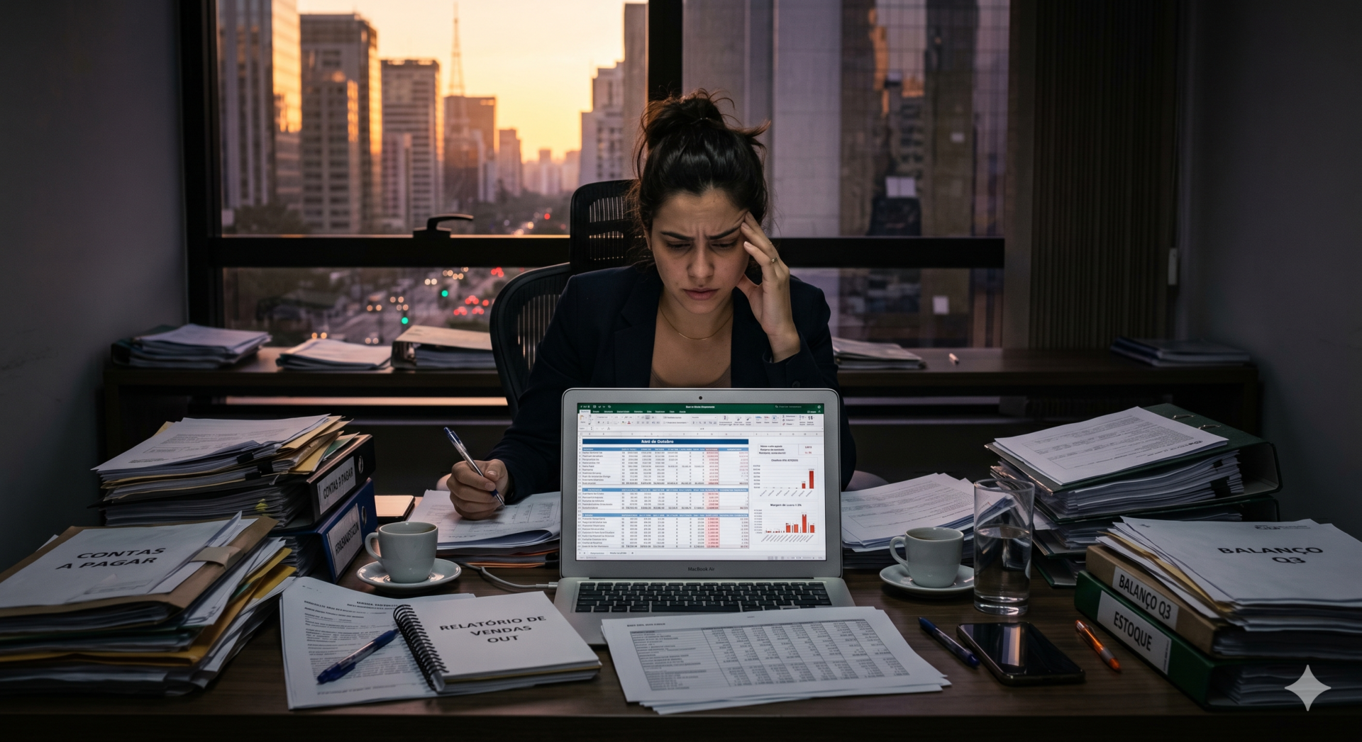 Empresária exausta analisando planilhas de custos e lucros