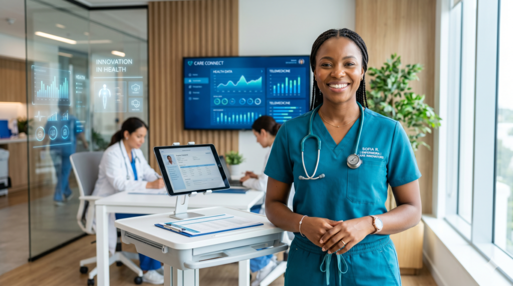 Enfermeira empreendedora feliz em seu consultório moderno, simbolizando sucesso e autonomia na carreira de enfermagem, com foco em atendimento personalizado e inovação na saúde