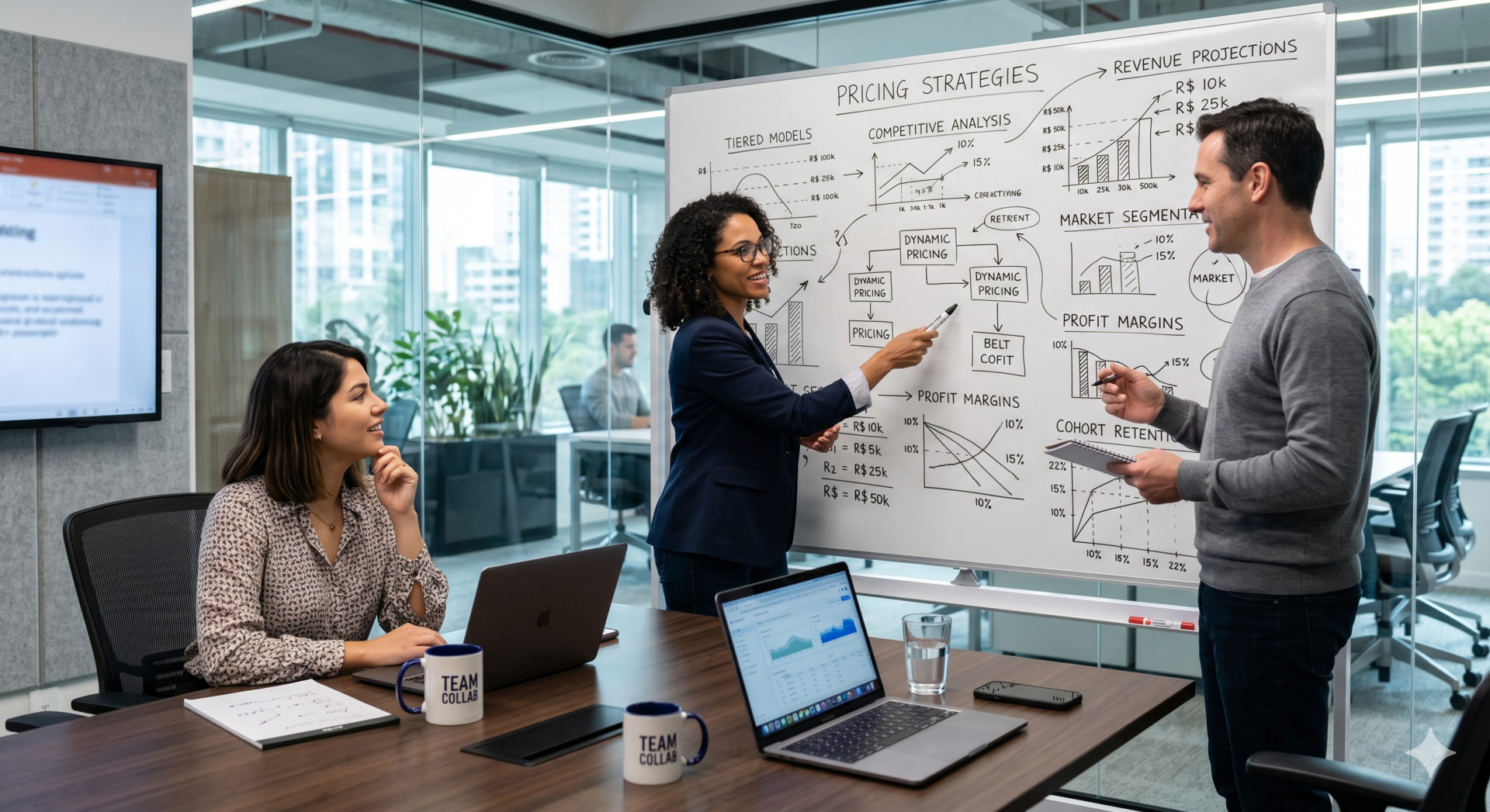 Equipe de negócios discutindo estratégias de precificação e rentabilidade
