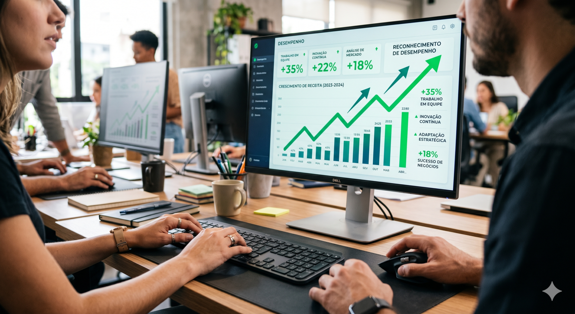 Quer Empreender Agora? As Tendências Para Começar Neste Mês! 3 Gráfico de crescimento de negócio em tela, com mãos colaborando, ilustrando a importância do monitoramento de KPIs e da adaptação para quem busca como empreender com sucesso e inovar no mercado