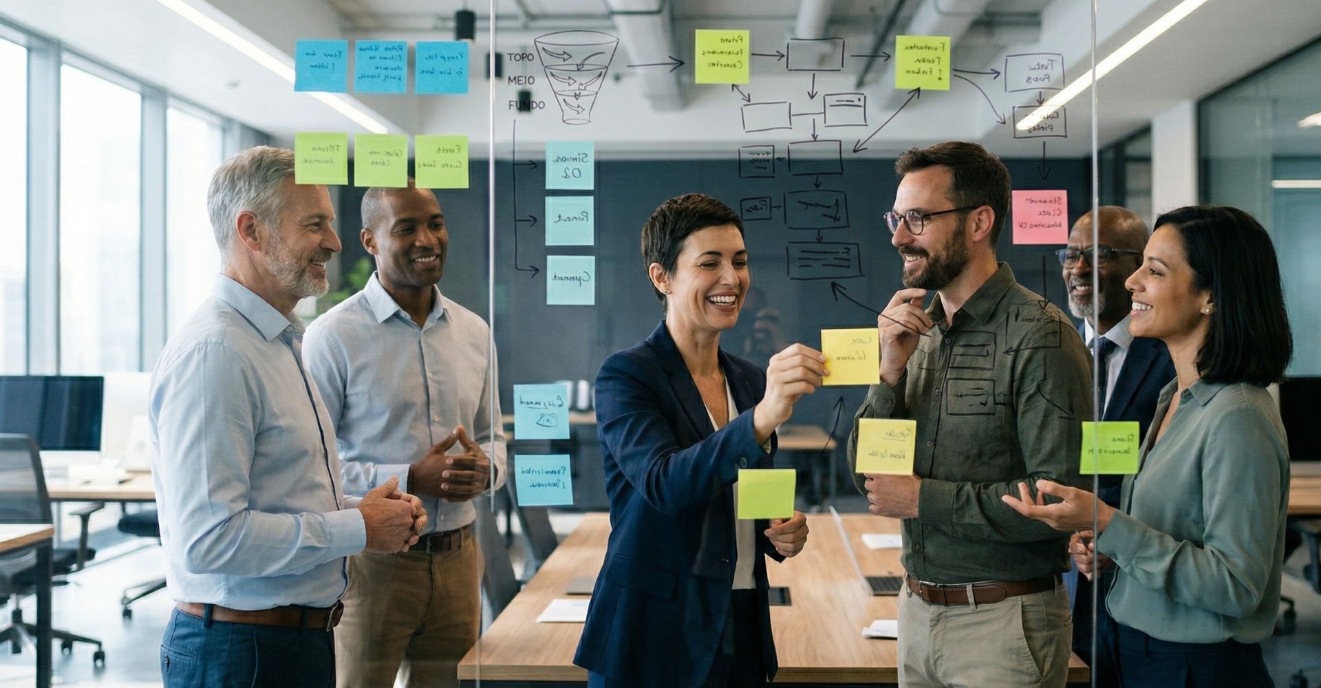 Seu negócio não sai do lugar apesar de todo o esforço? Há uma saída! 3 Equipe colaborando para destravar crescimento de negócio