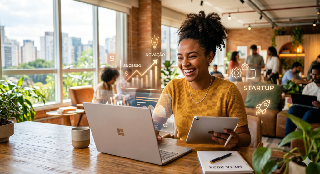 Jovem empreendedor sorrindo em coworking, usando laptop, simbolizando os primeiros passos para iniciar um negócio de sucesso e a jornada de como empreender com planejamento estratégico.