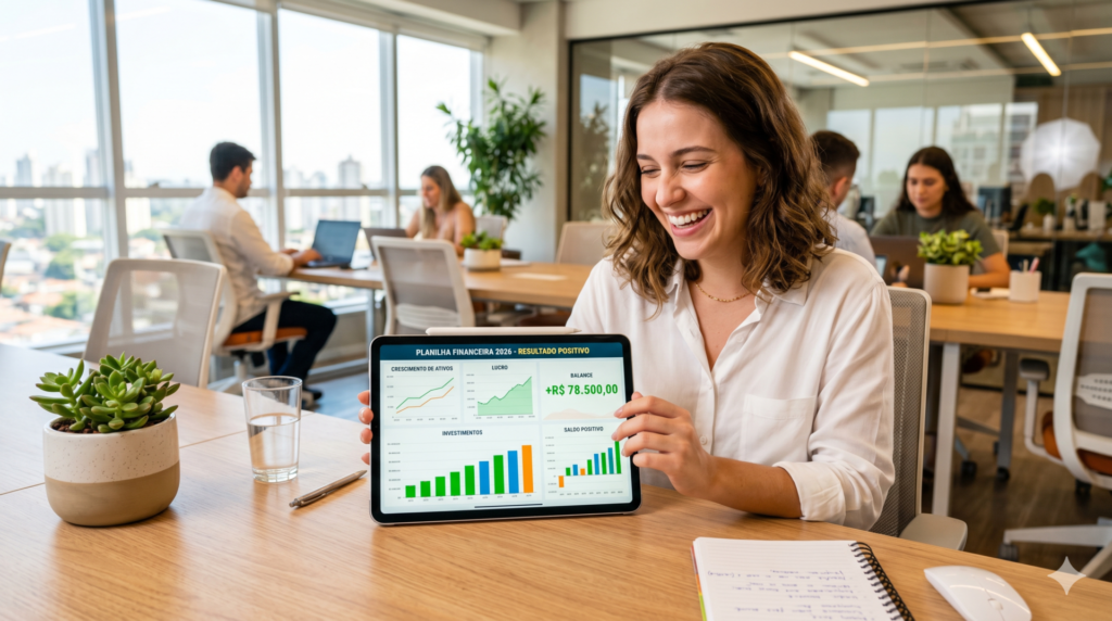 Jovem planejando finanças pessoais com tablet, gráficos de sucesso, educação financeira prática