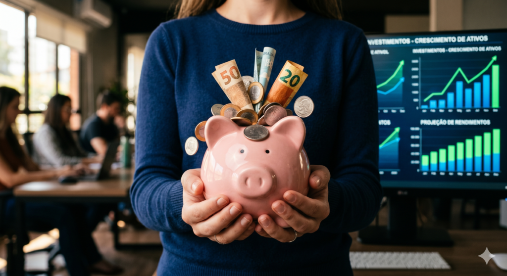 Comece Agora: A Educação Financeira que Você Precisa para Este Trimestre 3 Mãos depositando dinheiro em cofrinho, economia, investimento inicial, planejamento futuro.