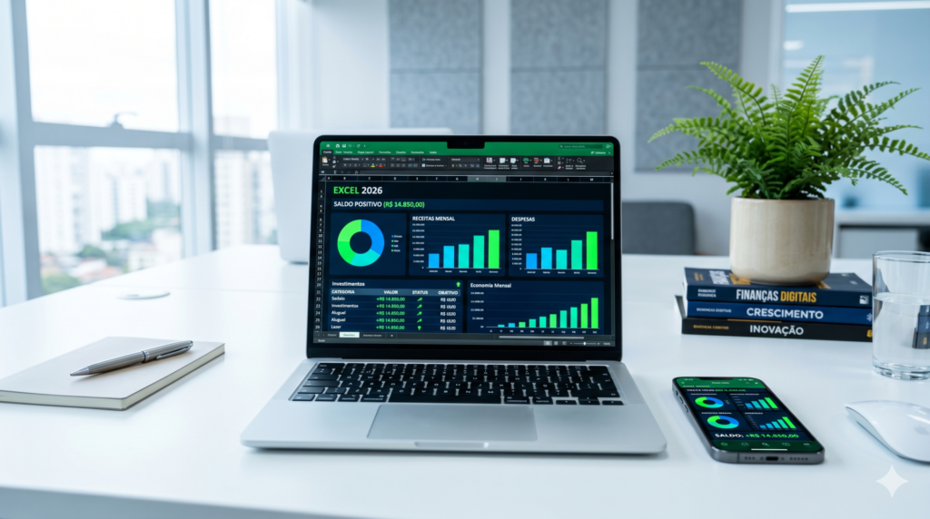 Planilha financeira 2026 aberta em laptop moderno com gráficos de lucro
