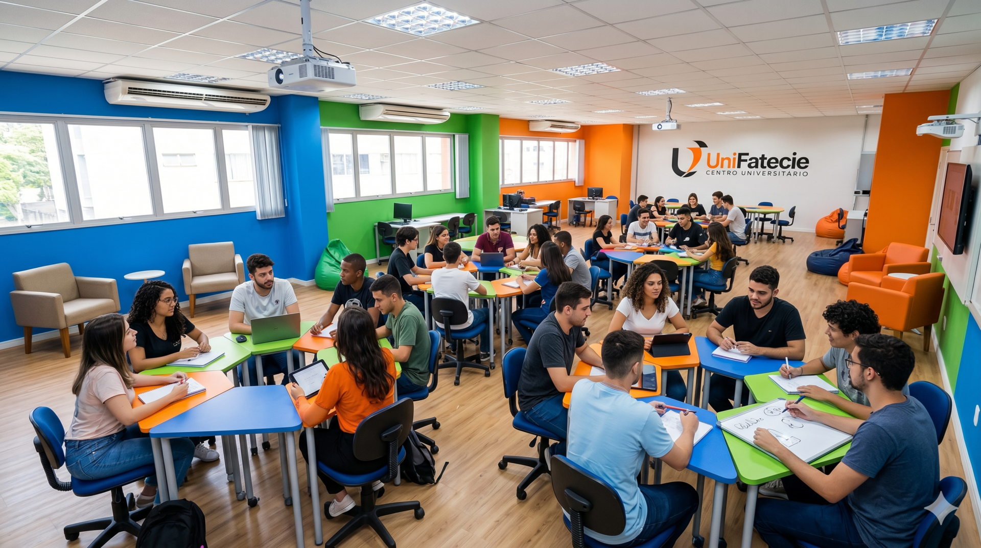 Unifatecie: Por Que a Confiança Cresce a Cada Ano 2 Sala de aula moderna da Unifatecie com alunos interagindo em um ambiente colaborativo