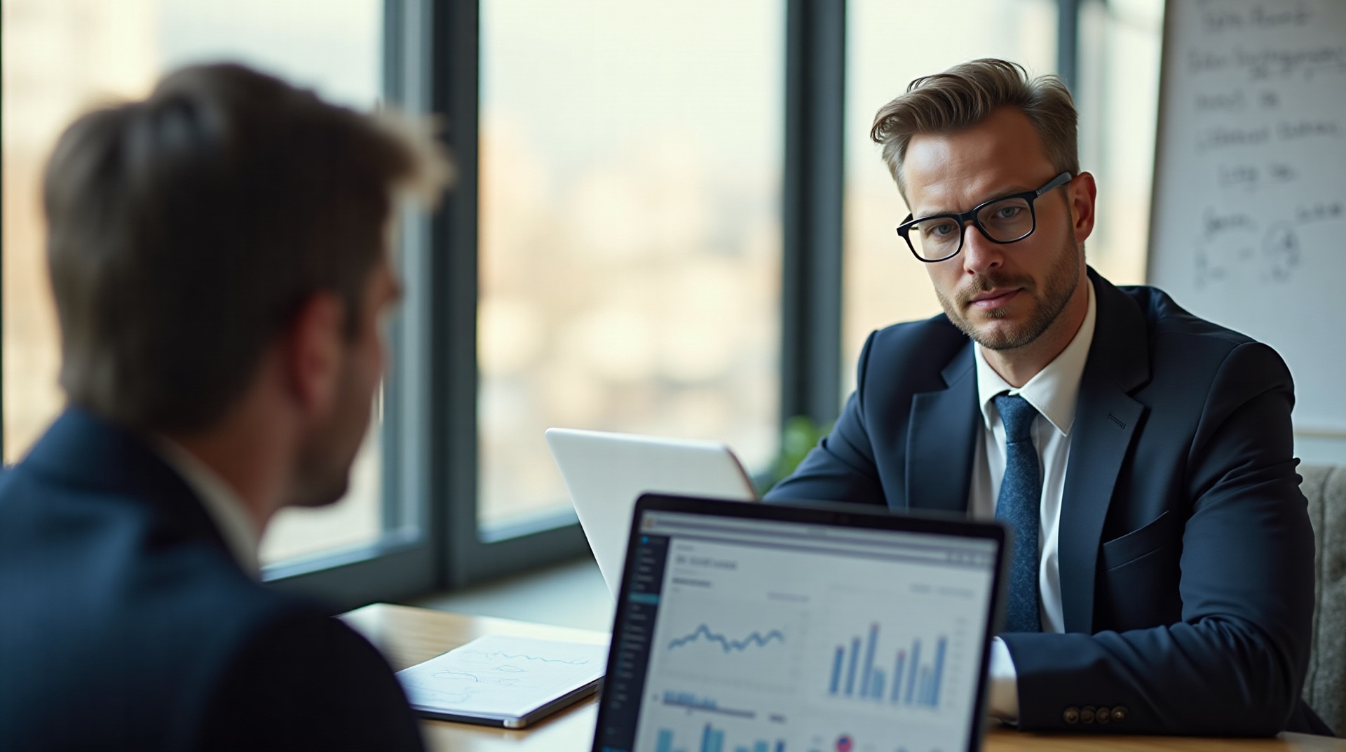 Consultor empresarial explicando margem de lucro a um pequeno empresário.