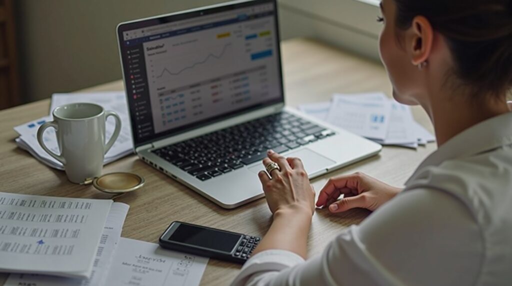 A business owner using financial management software on a laptop surrounded by 1778011334
