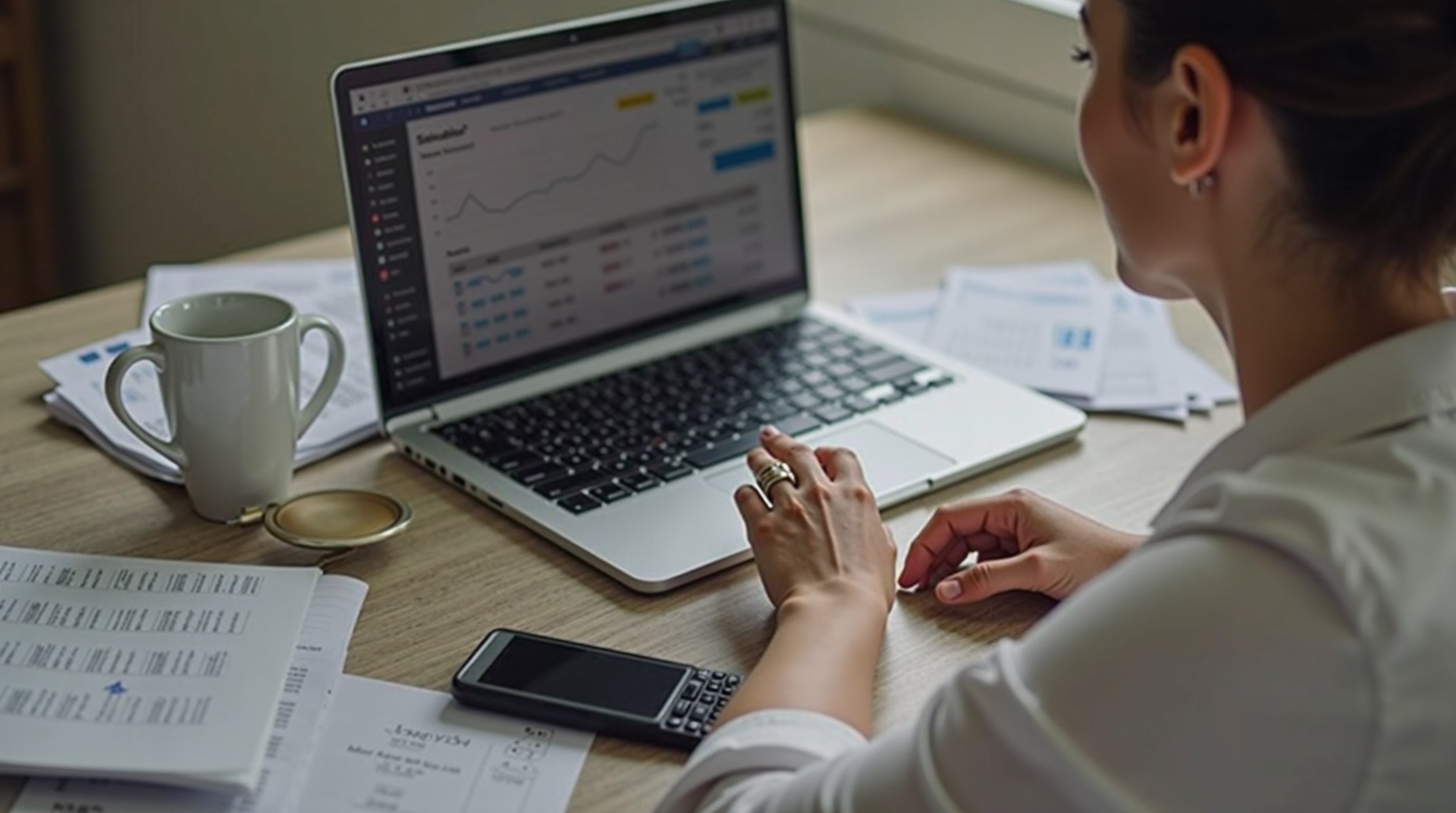 A business owner using financial management software on a laptop surrounded by 1778011334