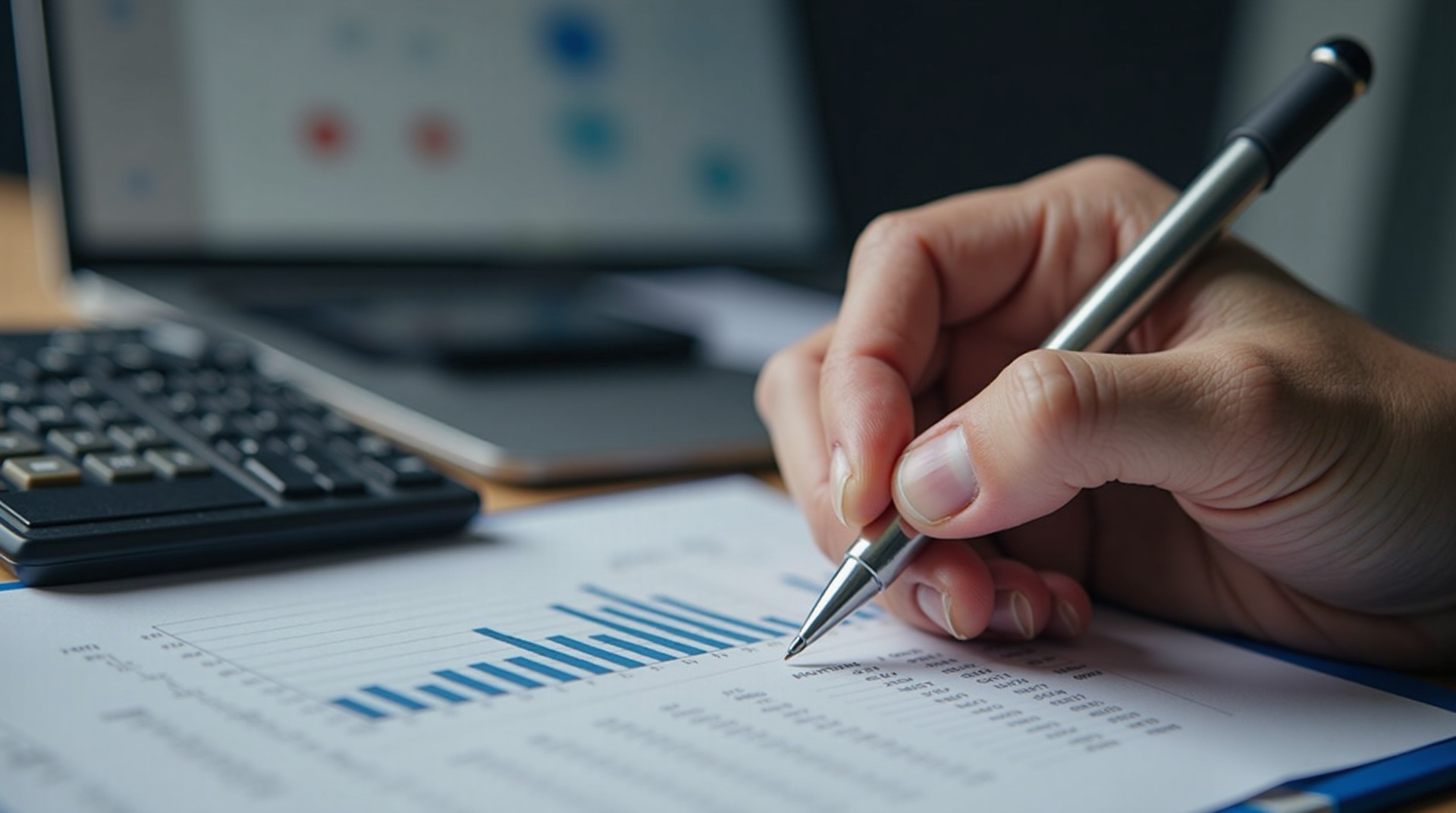 Mão calculando custos e analisando dados financeiros em uma planilha