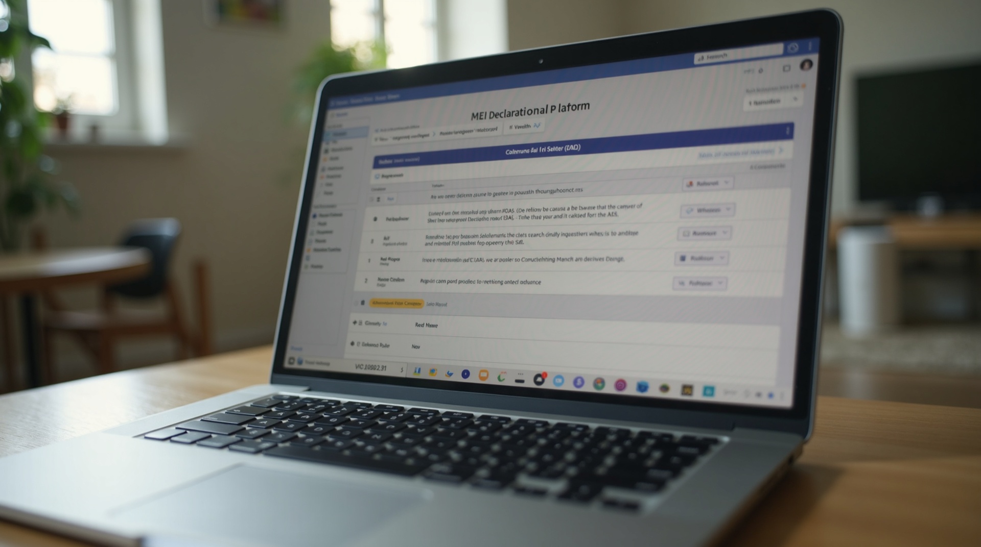 A close-up shot of a laptop screen displaying the new MEI declaration platform interface. The interface shows a step-by-step guide for generating DAS, with highlighted sections in bright colors for clarity. The room has a modern aesthetic with minimalistic wooden furniture and soft lighting. Camera setting: Macro lens to focus on the screen details.