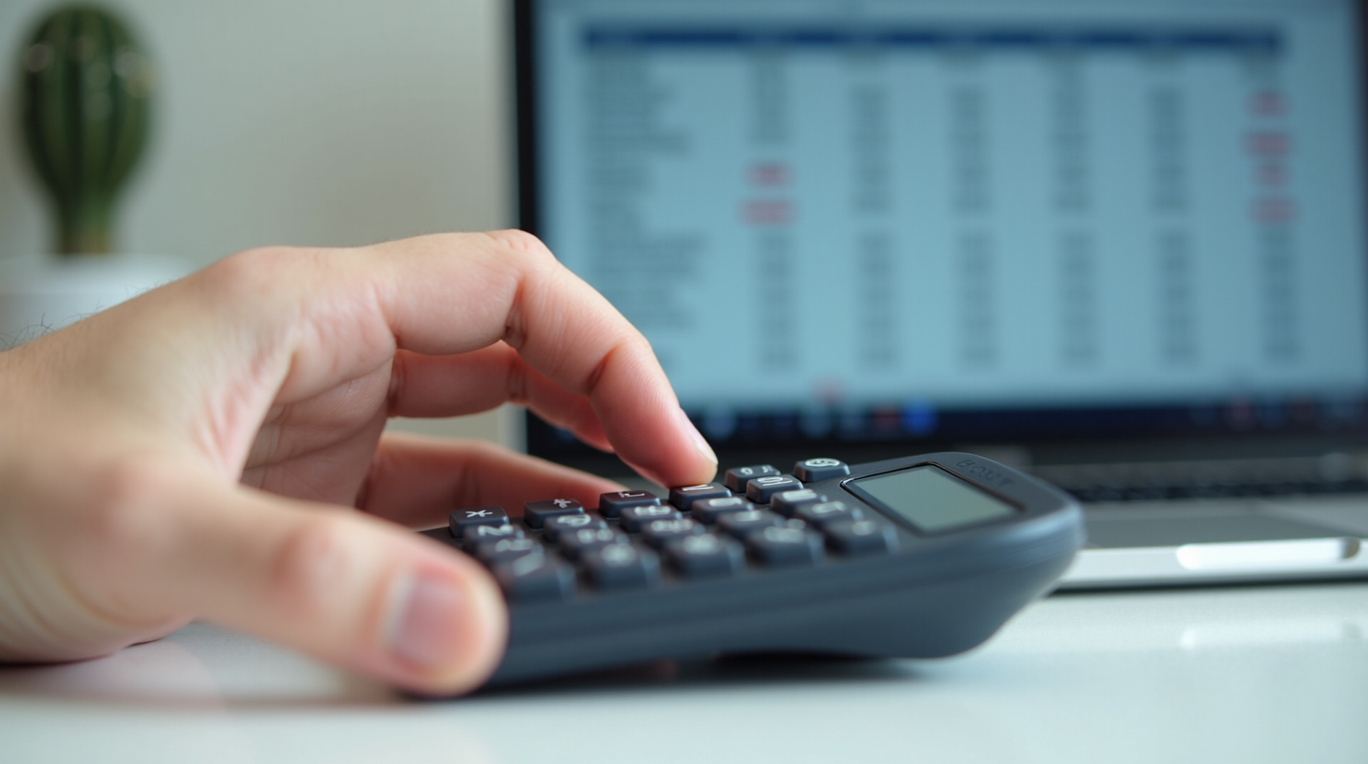 Mãos calculando finanças em calculadora e laptop, representando gestão fiscal e contábil