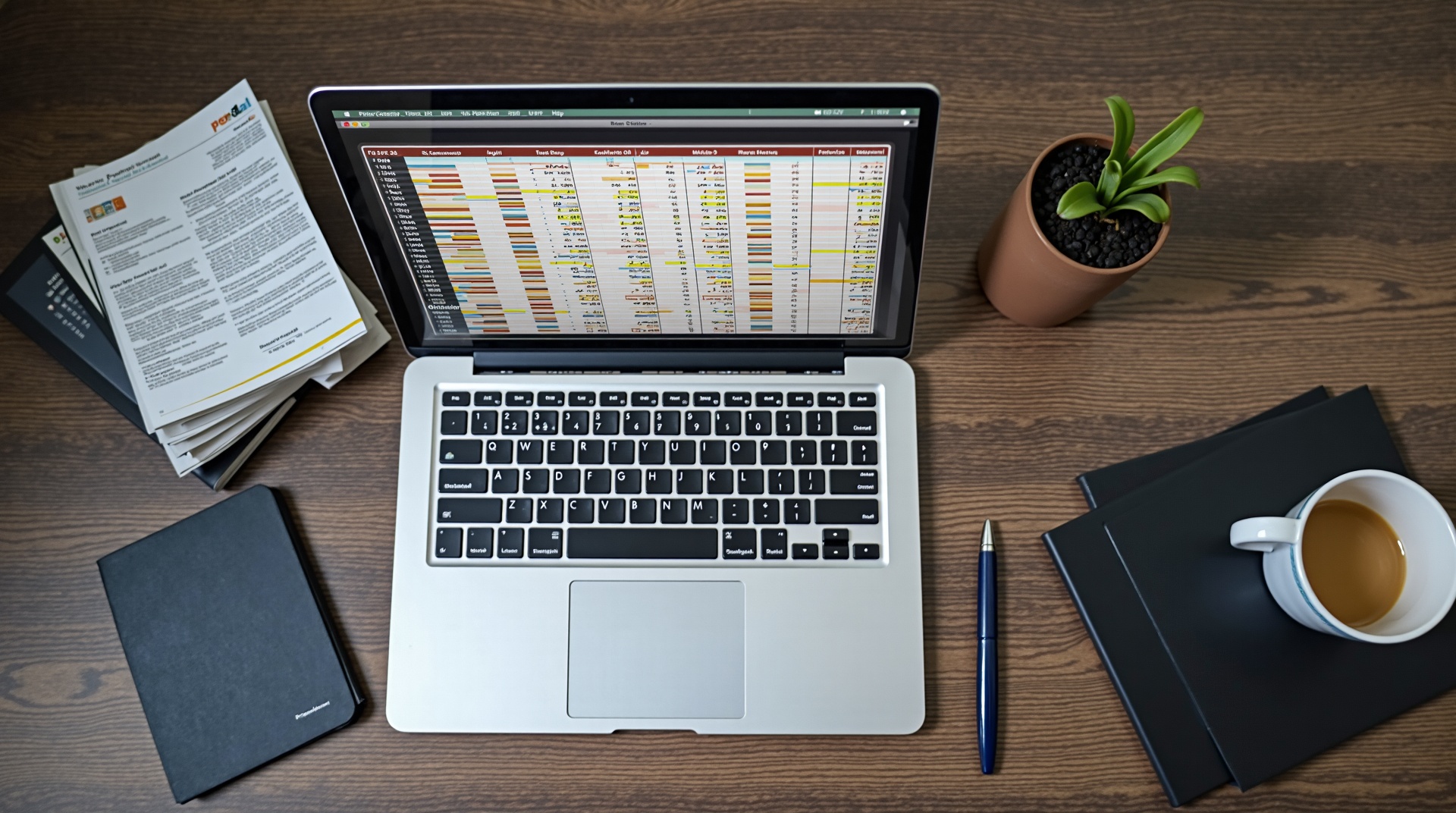 Mesa com planilha financeira aberta no laptop