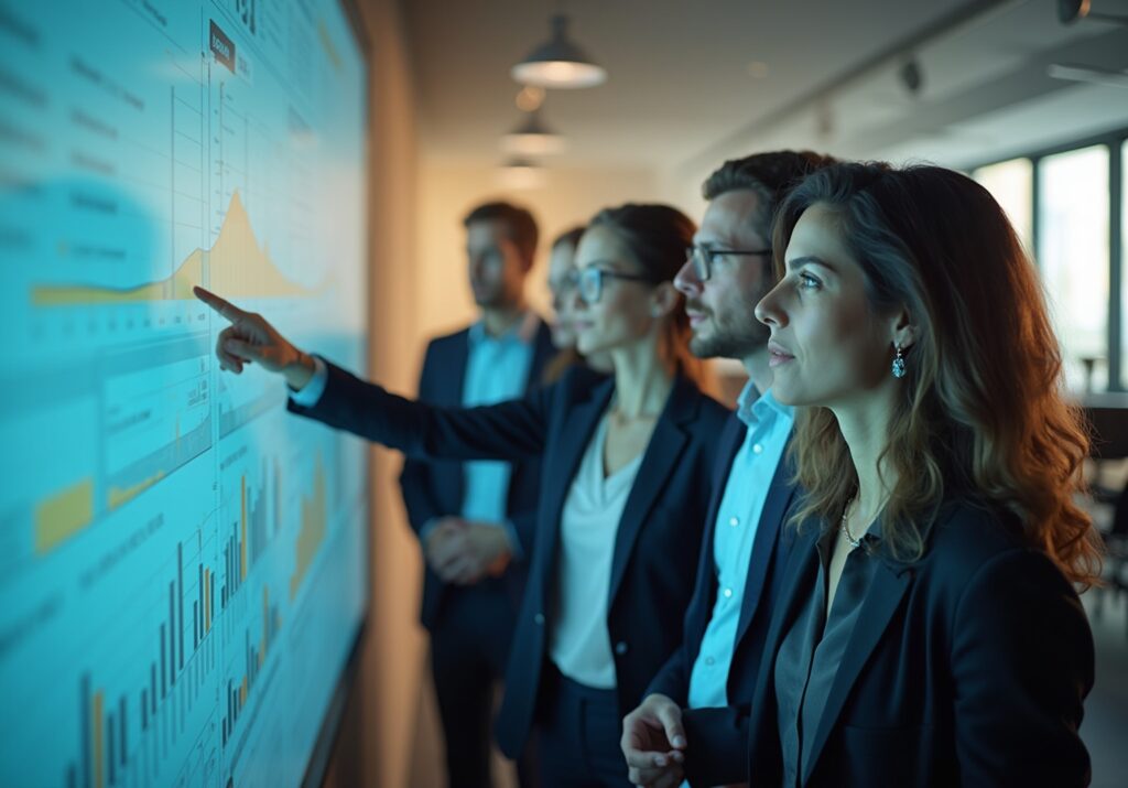A diverse group of business professionals in a modern brightly lit office colla 1777750074