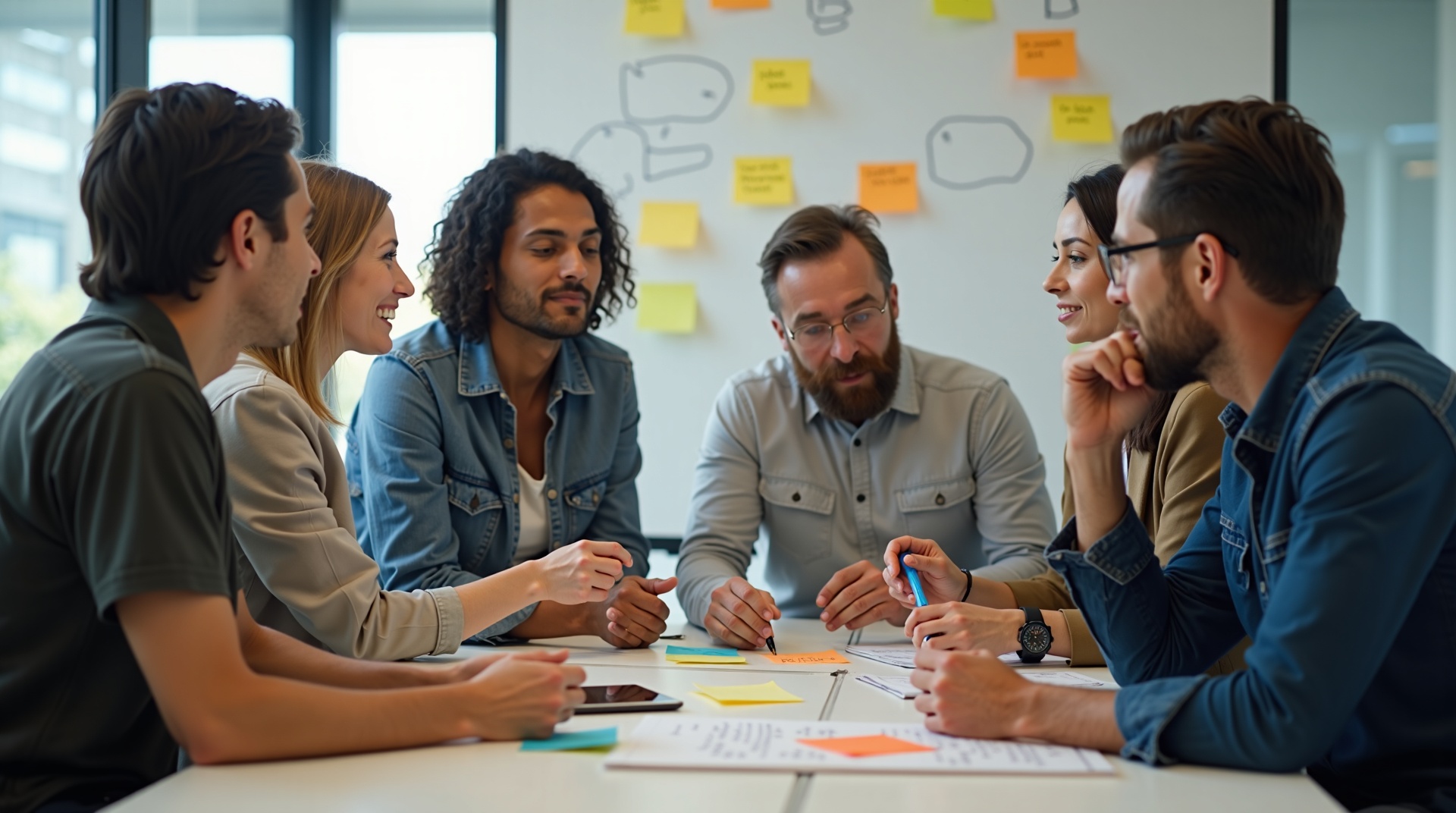 Equipe de empresários colaborando em reunião, discutindo estratégias de negócios