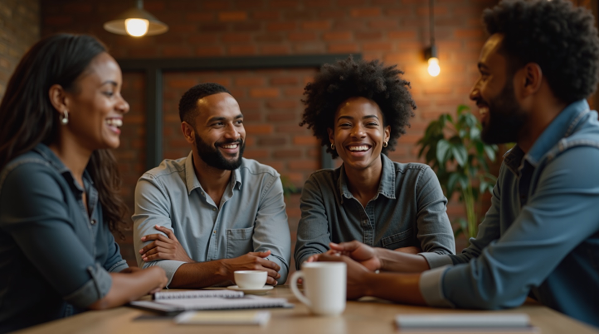 A diverse group of small business owners engaged in a lively discussion around a conference table. The setting is a modern co-working space with exposed brick walls and industrial lighting fixtures. The image captures the collaborative energy with a warm color palette of earthy tones and soft focus on the background, highlighting the interaction among the entrepreneurs. Photographed using a 50mm lens for intimate depth of field.
