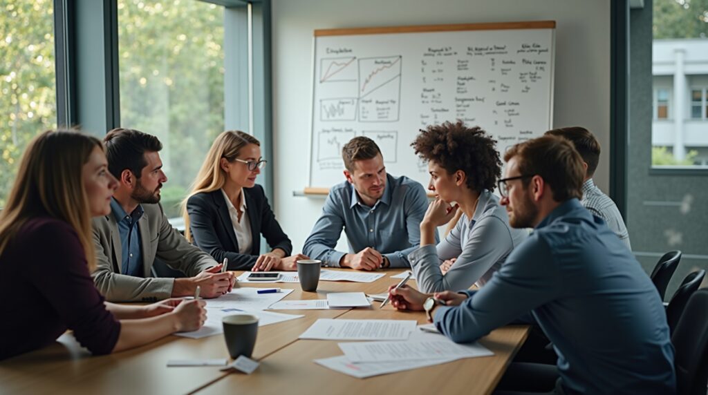 A diverse team of business professionals engaged in a vibrant discussion in a mo 1778508448