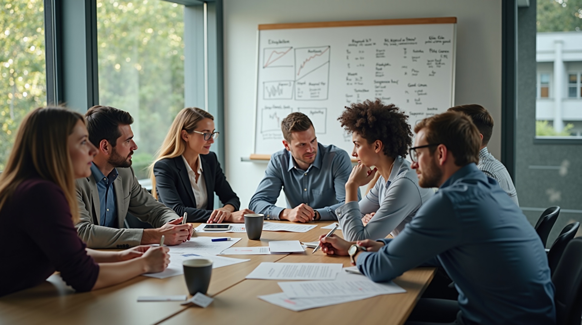 A diverse team of business professionals engaged in a vibrant discussion in a mo 1778508448