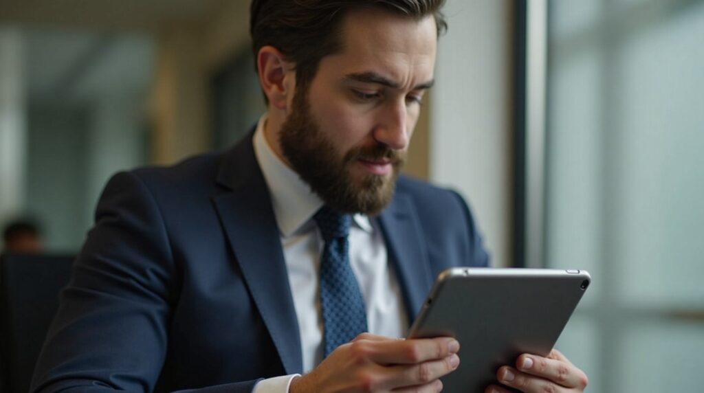 Executivo revisando relatórios financeiros em um tablet em um escritório elegante