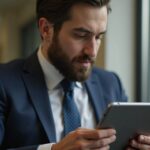 Executivo revisando relatórios financeiros em um tablet em um escritório elegante