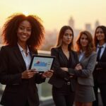 Grupo de empresárias diversas celebrando o sucesso em um terraço com vista para a cidade, simbolizando ambição e liderança