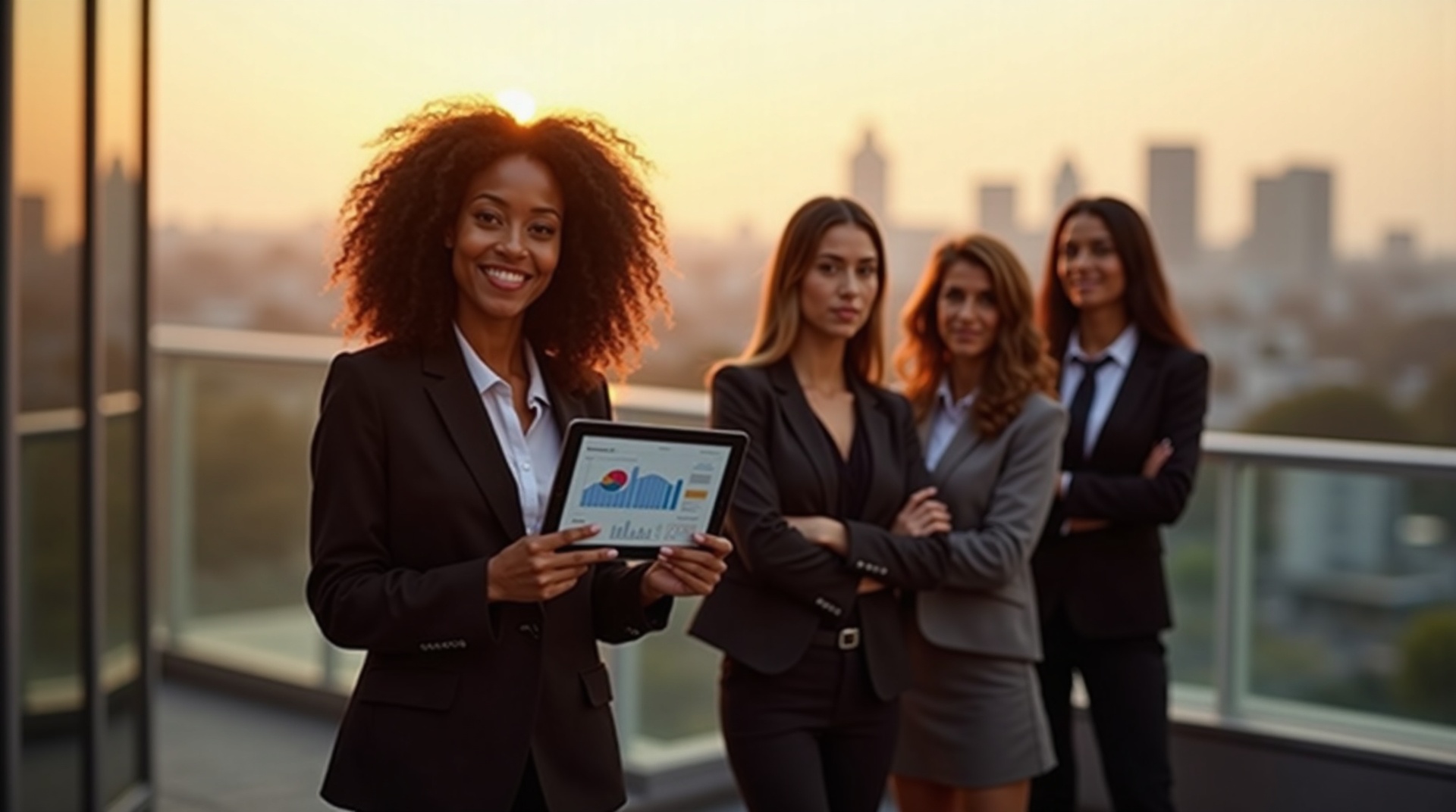 Grupo de empresárias diversas celebrando o sucesso em um terraço com vista para a cidade, simbolizando ambição e liderança