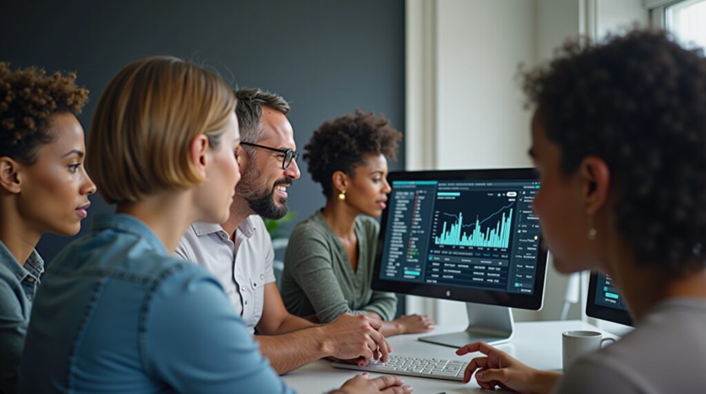 Equipe de empresários gerenciando finanças com sucesso em dashboard digital