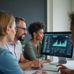 Equipe de empresários gerenciando finanças com sucesso em dashboard digital