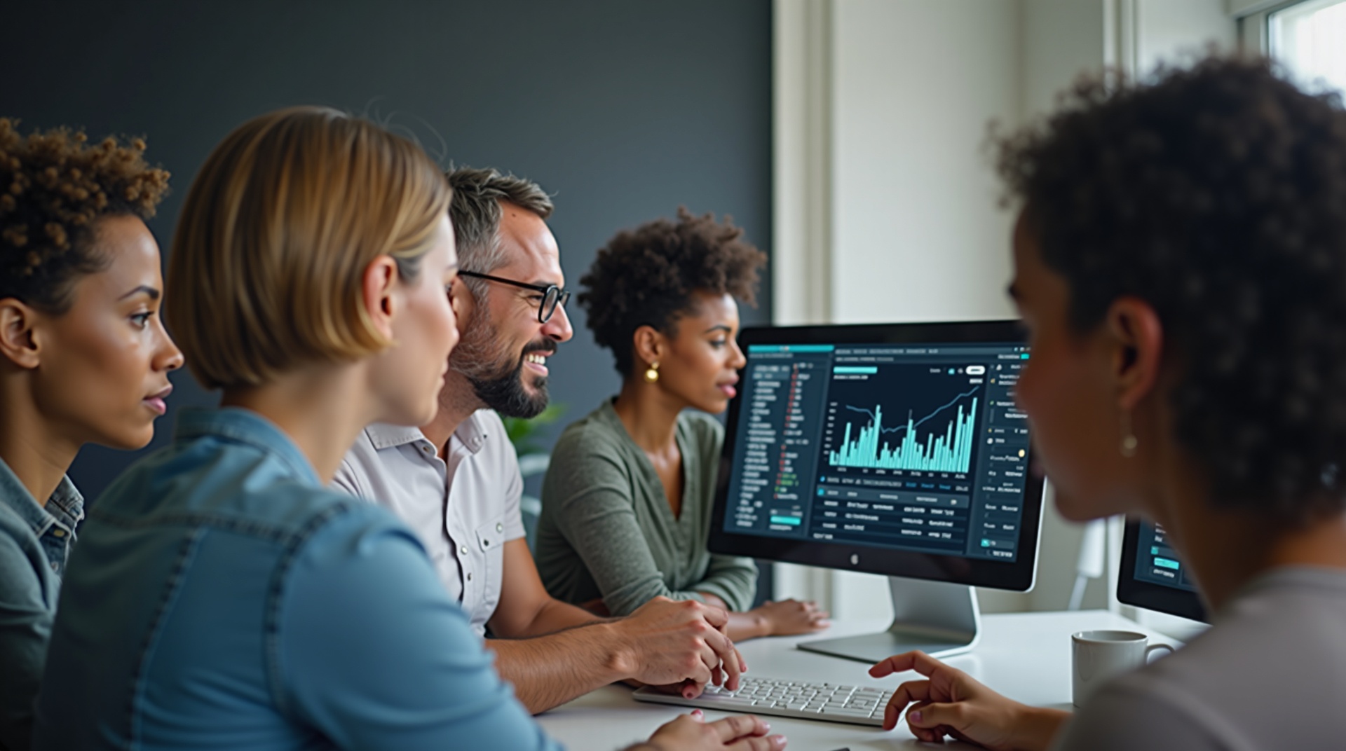 Equipe de empresários gerenciando finanças com sucesso em dashboard digital
