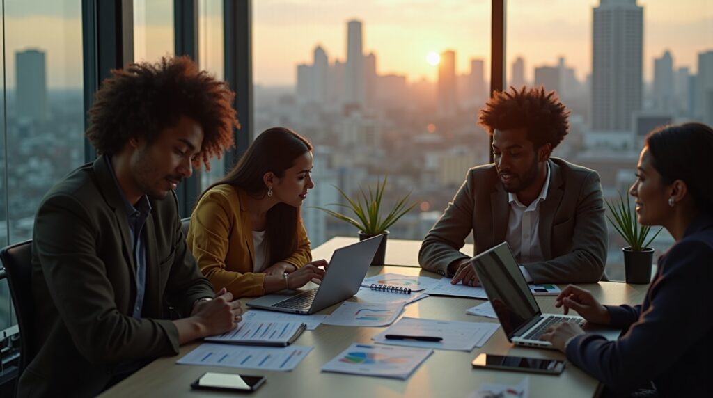 Profissionais colaborando em finanças empresariais