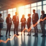 Equipe de negócios confiante em escritório moderno com gráficos de crescimento digitais, simbolizando o destravamento do crescimento da empresa