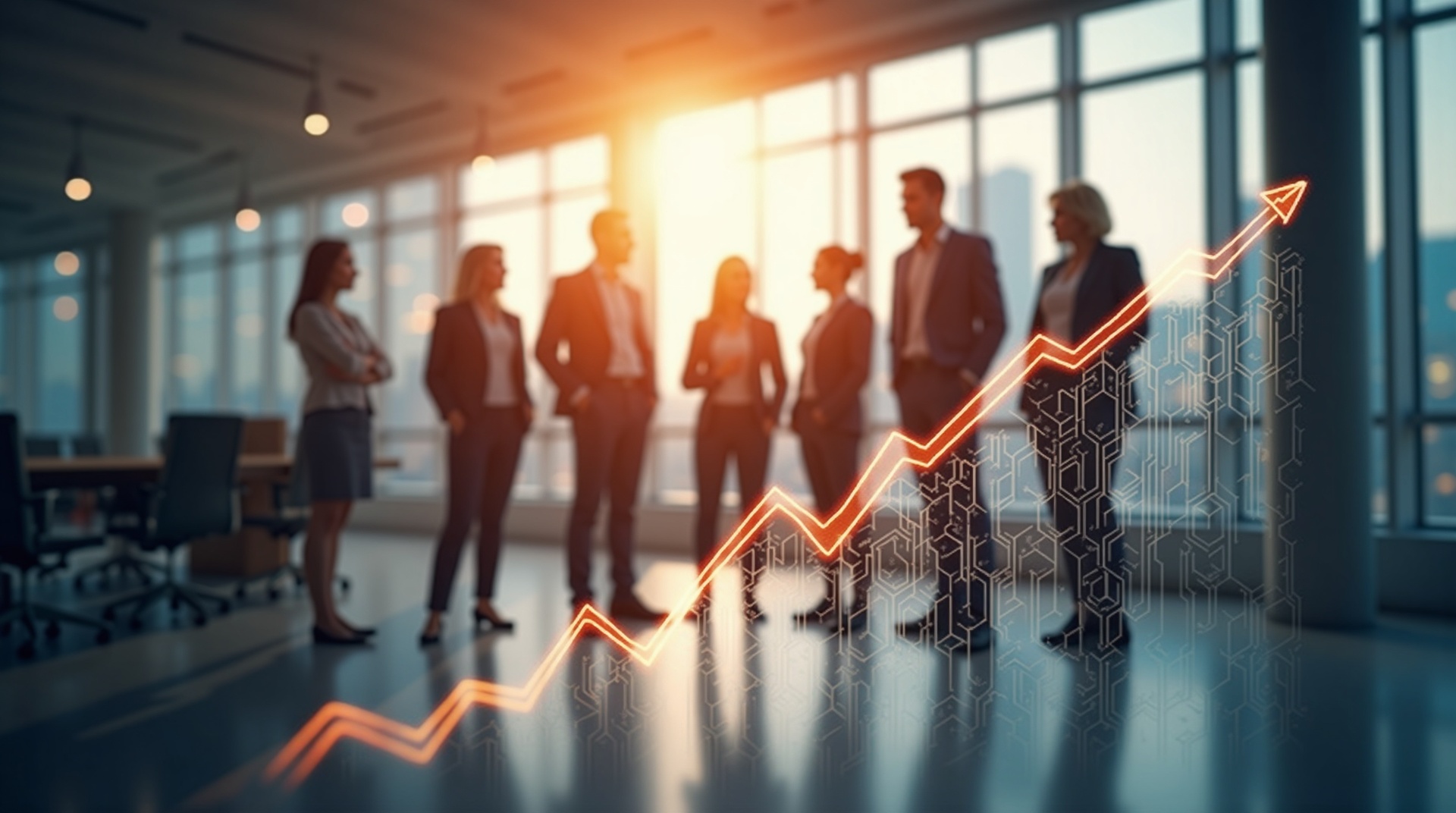 Equipe de negócios confiante em escritório moderno com gráficos de crescimento digitais, simbolizando o destravamento do crescimento da empresa