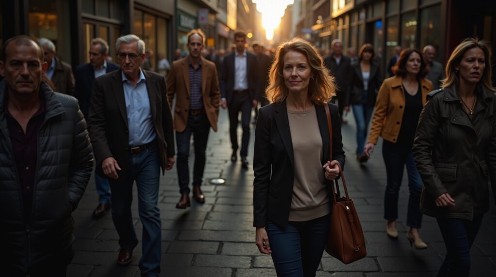 Grupo diverso de empresários caminhando confiantes em cidade ao pôr do sol, representando sucesso e futuro