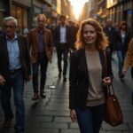 Grupo diverso de empresários caminhando confiantes em cidade ao pôr do sol, representando sucesso e futuro