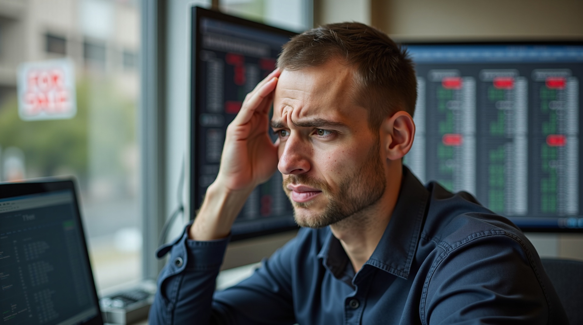 Empreendedor frustrado analisando planilhas financeiras com prejuízo