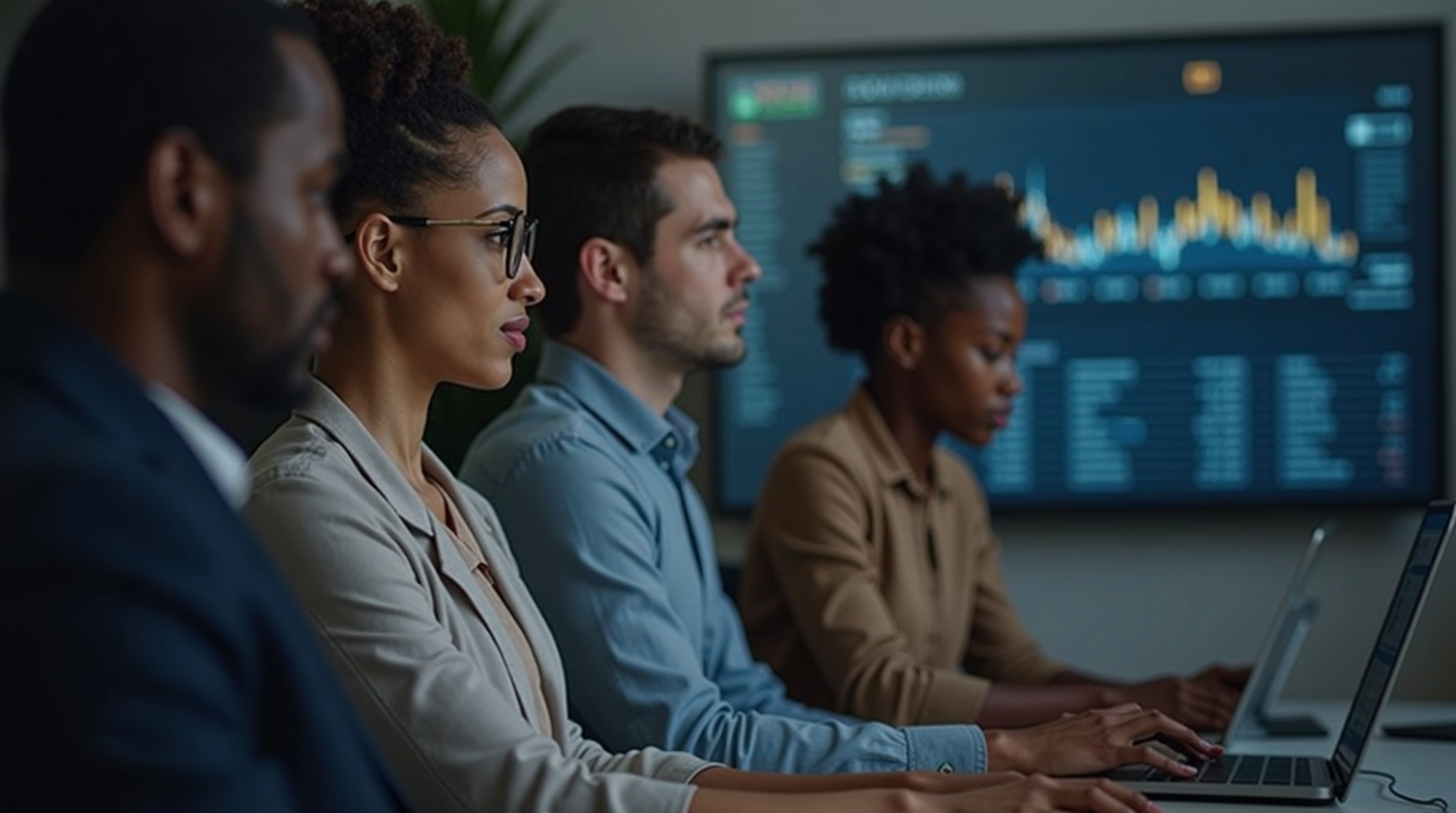 Profissionais usando software de gestão financeira em um escritório moderno