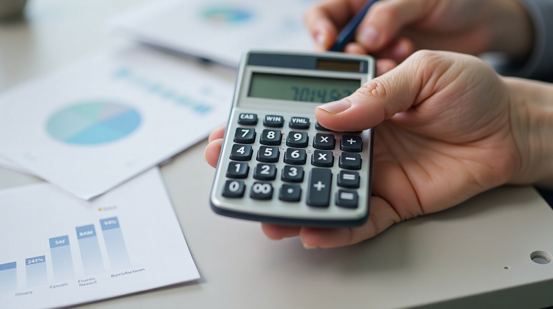 Mão usando calculadora para determinar preço de venda ideal com documentos financeiros